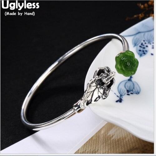 Uglyless 100% Real 925 Sterling Silver Frog Bangles for Women Thai Silver Lotus Leaf Open Bangle Natural Jade Flower Bracelets