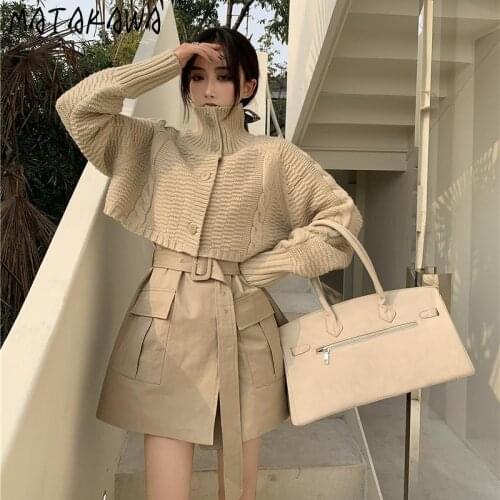 Matakawa Two Piece Set Women Autumn Turtleneck Knitted Sweater Jacket+notched Sleeveless with Sashes High Waist Slim Vest Dress