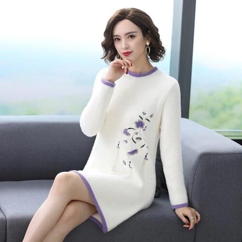 Imitation Mink Fur Woman Knitwear Dress Long Female Sweater Autumn Winter Korean Pullover With Neck Elegant Women Sweater AA5222