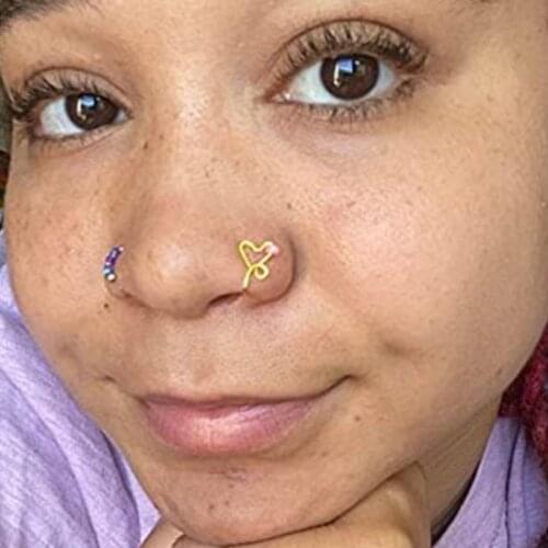 1Pcs Copper Wire Heart Clip On Nose Ring Color Beaded Fake Piercing Nose Ring Clip On Snake shape Nose Clip Cuff Body Jewelry