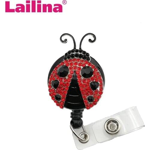 20pcs Red Ladybug Rhinestone Retractable Reel/ID Badge Holder