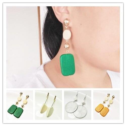 2019 New Long Wood Drop Earrings Women Jewelry Bohemian lemon Earrings Geometric Square/Round Earring