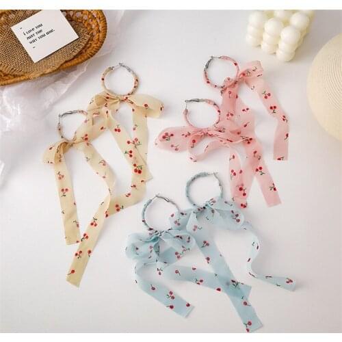 2021 New Korean Bowknot Cherry Print Sweet Yarn Trendy Dangle Earrings For Women Fashion Jewelry Holiday Oorbellen Mujer