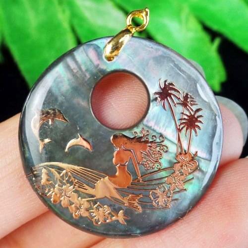 30x2mm Carved Abalone Shell Mermaid Round Pendant Bead SH136