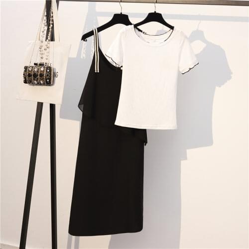 Oversized fashion two pieces women dresses suits 2020 autumn new white t-shirts and long straight knee-length dresses suits