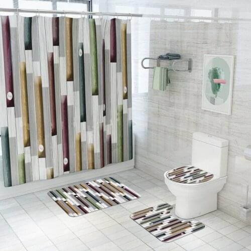 Color Wood Grain Shower Curtains for Bathroom Bathing Screen with Anti-slip Rugs Toilet Cover Mat Carpet Bath Curtain with Hooks
