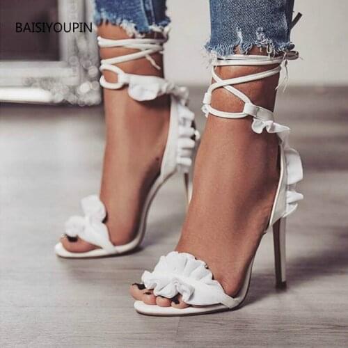Fashion11.5cm White High Heels Plus Size Women Sandals Summer Pumps Lotus Leaf Lace Shoes Solid Ladies Party Female Sandals35-43