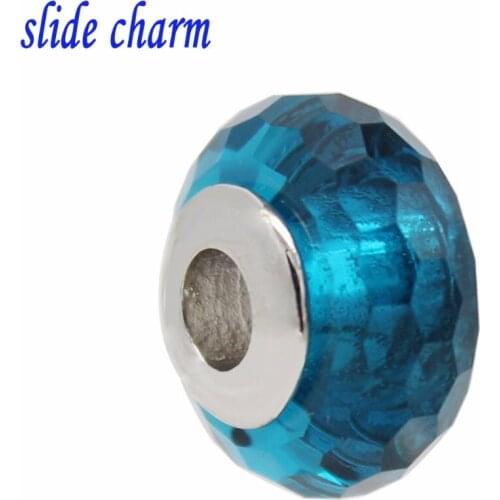 Slide charm Fashion jewelry bracelet accessories new peacock blue glass beads fit Pandora bracelet Free shipping