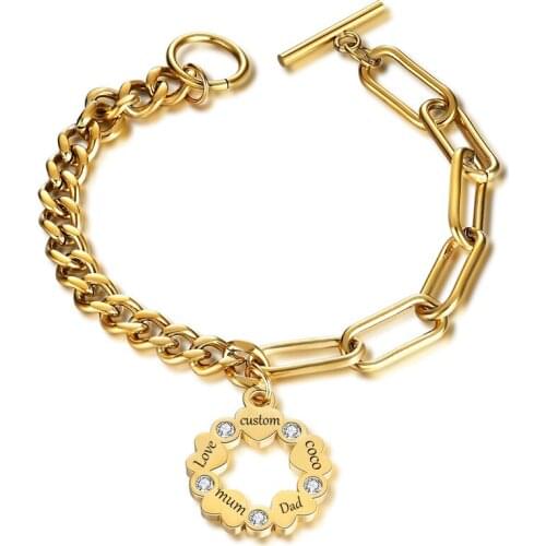 Customized Punk Name Words 5 Hearts Wedding Bracelets Stainless Steel Statement Hip Hop Jewelry Engrave Family Name Pulseiras