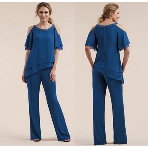 Royal Blue 2 Pcs Mother Of The Bride Pants Suit Chiffon Wedding Guest Gowns Short Sleeves Women Formal Evening Party Dress Plus