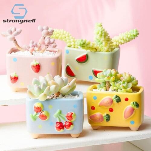 Strongwell Creative Fruit Painting Mini Ceramic Flower Pot Fairy Garden Decoration Accessories Desktop Display Succulent Planter