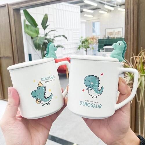 Creative Cute Dinosaur Mug Heat-resistant Cartoon Cup with Lid and Spoon Coffee Ceramic Mugs Children Cup Drinkware Gift