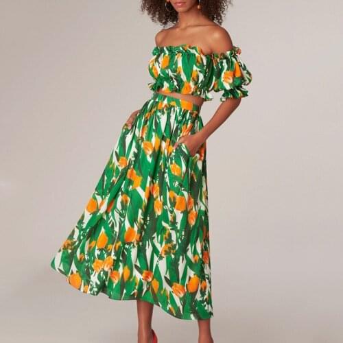 Summer Sexy Off-The-Shoulder Puffy Sleeves Elastic Waist High-Waist Prom Dress Dress Fashion Printed Two-Piece Womens Dress