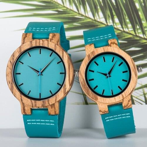 BOBO BIRD Women Men Watches Blue Leather Strap Couple Quartz Wristwatch Lovers Gift Clock Wooden Watch Box Dropship reloj hombre