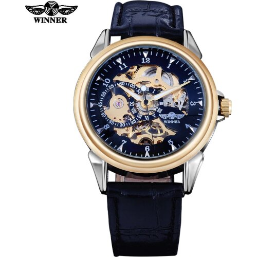 Winner men women fashion military hand wind mechanical skeleton watches male PU leather strap golden black dial back cover glass