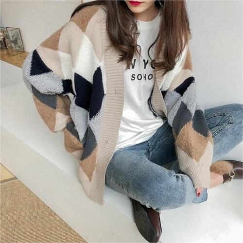 2021 New Womens Sweaters Winter Spring Plaid V-Neck Cardigans Button Puff Sleeve Checkered Oversize Sweater Tops SW658