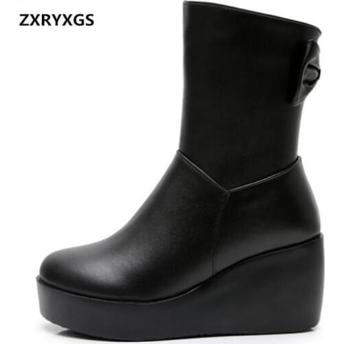 New Bow Fashion Autumn Thick-soled Platform Shoes Wedges High Heel Boots Women Boots Real Leather Shoes Winter Warm Snow Boots