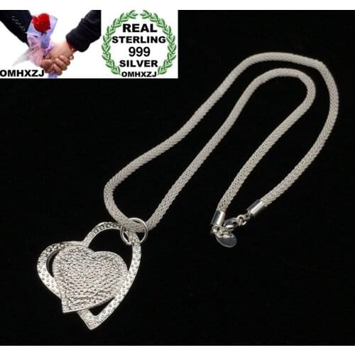 OMHXZJ Wholesale European Fashion Woman Girl Party Wedding Gift Double Heart 999 Sterling Silver Pendant Necklace NA19