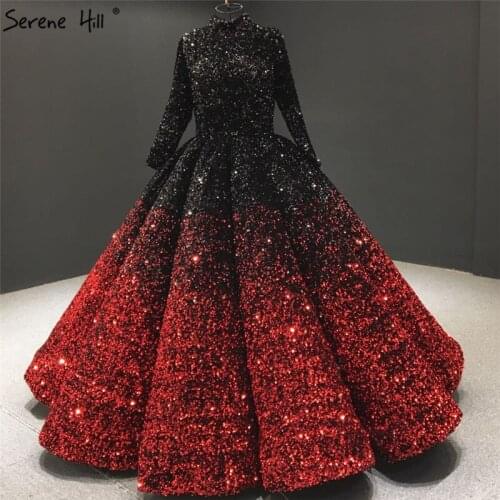Gradual Change Black Red Dubai Wedding Dresses 2020 Luxury Long Sleeve Sequined Bride Gowns Serene Hill BHA2153 Custom Made