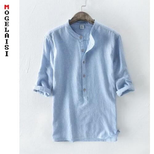 NEW Mens Shirts 55%Linen + 45%Cotton Three Quater Sleeve Striped Shirts Men Fashion Flax Shirt Linen Men Clothing size M-3XL
