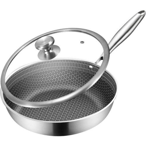 Schnesland 316 Stainless Steel Frying Pans with Glass Lid Non-stick Uncoated Skillet Honeycomb Wok Pan