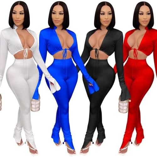 Solid Sexy Two Piece Sets Autumn Winter Petal Sleeve WomenS Set Outfits Cut Out Tops Slit Trousers Set Club outfit Tracksuit