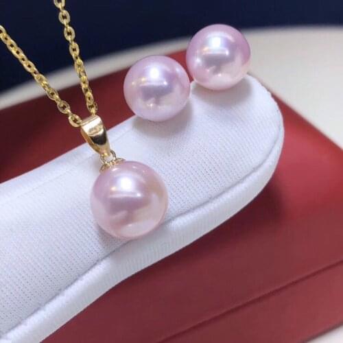 Solid 18K Gold Fine Jewelry 7-10mm Fresh Water Sakura Pink Pearls Jewelry Sets for Women Fine Birthday Presents