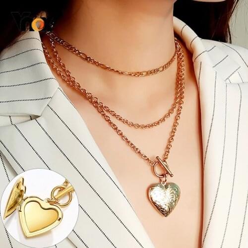 Vnox Vintage Locket Pendant for Women Stylish Toggle Clasp Stainless Steel Heart Photo Frame Necklaces Elegant Gift for Her