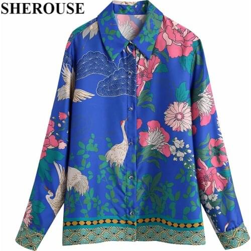 SHEROUSE Women Fashion Chinese style printing Shirt Vintage Single Breasted Long Sleeves Lapel Collar Woman Chic Tops Blouse