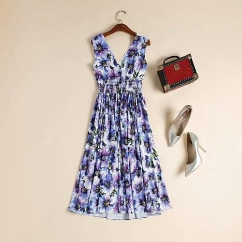 American European womens and dress 2021 summer new styles Sleeveless v-neck purple flower print Fashionable pleated dress