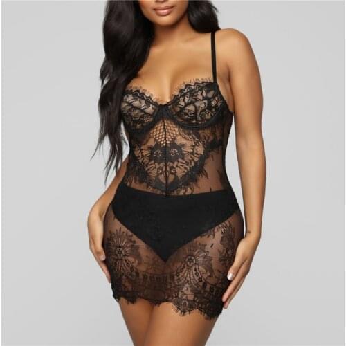 Women Sexy Lace Black Lingerie Thong Set Sleepwear Night Dress Backless Perspective High Quality Women Bandage Sleepwear