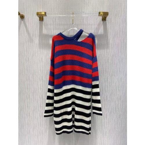 New 2021 Women Autumn Fashion Runway Mini Knit Dress Long Sleeve Ladies Slim A-Line Stripe Print Color Patchwork Dresses