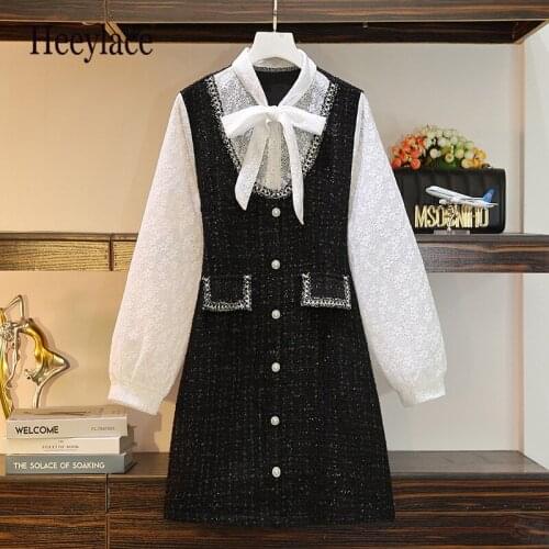 Plus Size Office Ladies French Vintage Fragrance Dresses Autumn Long Sleeve Lace Patchwork Bow Collar Fake 2 Pieces Tweed Dress