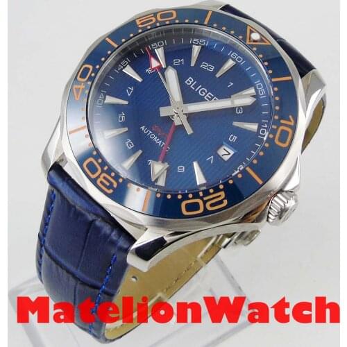 2019 New 41mm Bliger GMT Orange Automatic watch men Luxury mechanical waterproof blue dial leather strap ceramic luminous 940