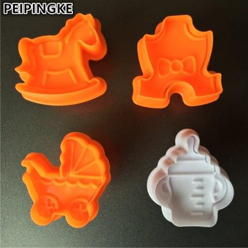 4 types Plastic Cookie Mold Cookie Cutter Stamp Fondant Embosser Die DIY Biscuit Cake Molds Baby Tie Wooden Horse Milk Bottle
