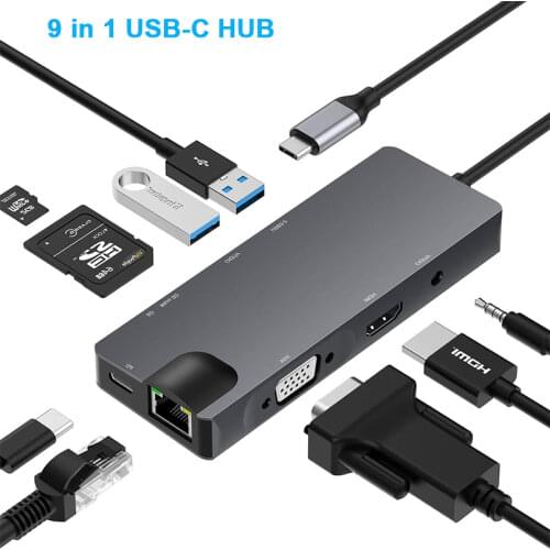 9 in 1 USB C Hub Adapter with 4K HDMI,VGA,Thunderbolt 3,2 USB 3.0,SD/TF Card Reader,3.5mm,RJ45,Type C Dock For MacBook Pro 13/15