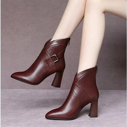 Leather Boots Square High Heel Ankle Boots for Women Boots Round Toe Solid Black Women Shoes Ankle Boots Shoes Woman Winter