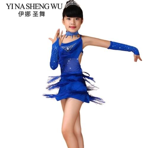 Sequin Fringe Blue Black Red Children Salsa Dress Girls Latin Dance Practice Dress For Kids Dance Performance Competition Dress