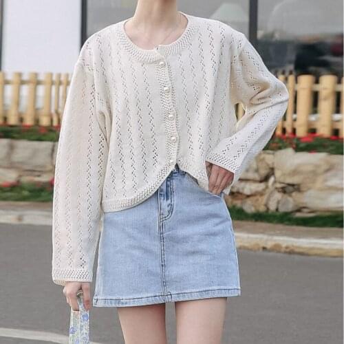 Elegant Temperament Pearl Button Thin Cardigan Long Sleeves Fresh And Loose Outside Wear All-Match Sweater Casual Work 2021