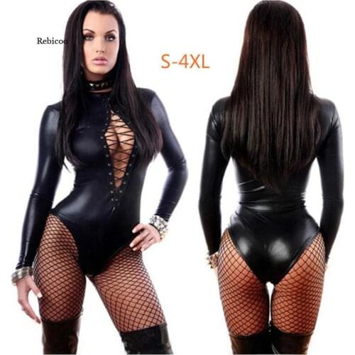 Erotic Sexy Latex Bondage Bodysuit Sexi Teddy Lingerie Women Breast Exposing Jumpsuit Clothes Leather Catsuit Dress for Sex