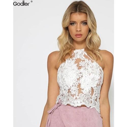 Godier Summer Sexy Perspective Lace Crochet Camisole Lady Sexy Club Crop Tops Hanging Neck Embroidered Tank Top