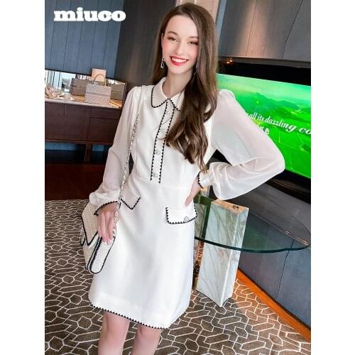 Sweet baby Lapel color contrast lace stitching yarn sleeve waist dress womens wear 2021 Spring new High Quality Top Quality