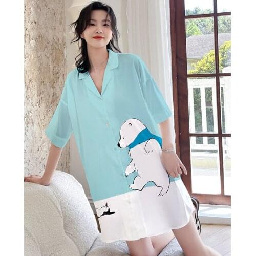 Cute Cartoon Nightshirts Women Satin Chiffon Nightgowns Sleepwear Summer Silky Plus Size Sleepshirts Fresh Women Night Dress