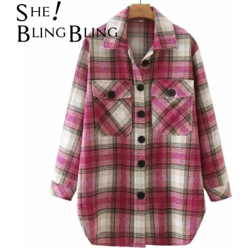 SheBlingBling Za Woman 2021 Fashion Oversize Wool Coat Long Plaid Shirt Jackets Vintage Long Sleeve Blouses Traf Coat Outerwear
