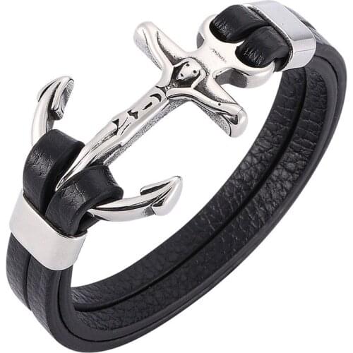 Fashion Stainless Steel Cross Anchor Buckle Black Leather Bracelet Men Charm Bangles Jewelry Male Wrist Band Gifts