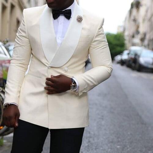 Costume Homme Custom Made Tailored Double Breasted Men Suit Groom Formal Ivory Tuxedo Slim Fit Best Man Wedding Suits With Pant