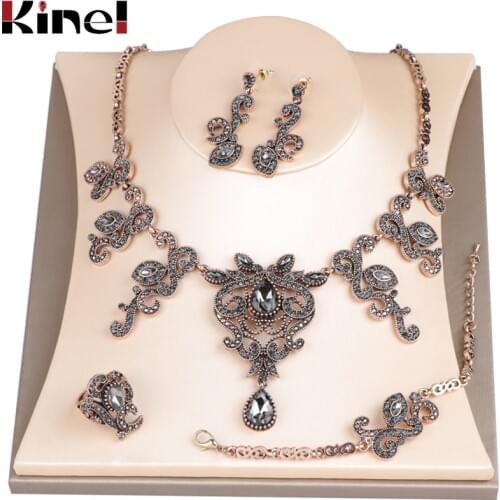 Kinel Hot Unique Grey Crystal Wedding Jewelry Set Antique Gold Turkey Flower Earring Necklace Bracelet Ring For Women Love Gift