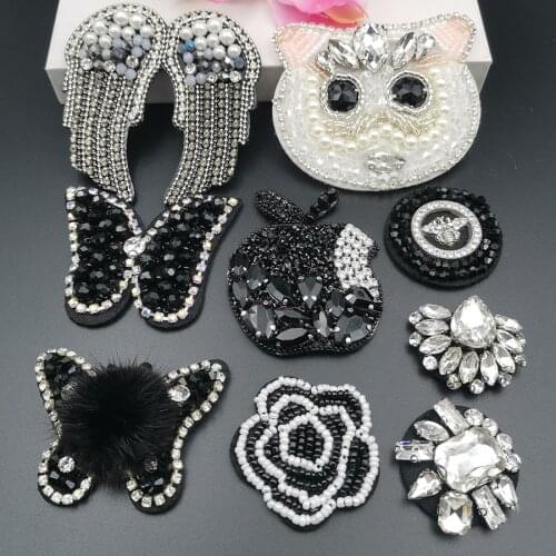 Punk clothes patches for clothing handmade beaded black white fashion apple camellia cat wings butterfly bee letter cloth patch