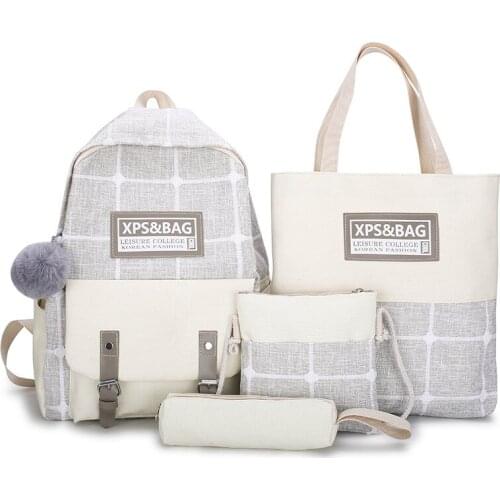 New Canvas Student Bag Four-Piece Set Makeup Missed Lessons Handbag Ladys Bags Korean-Style Contrast Color Casual Backpack