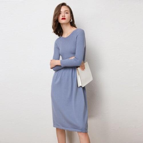 2021new spring and autumn female round neck floor-length cashmere sweater one-piece dress casual solid sheath cute women dress